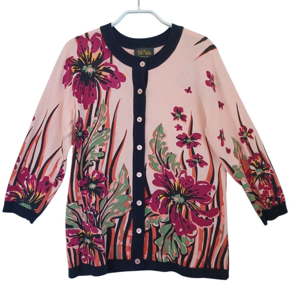 Bob Mackie Cardigan Wearable Art Pink Floral Button Front Black Trim Size Small